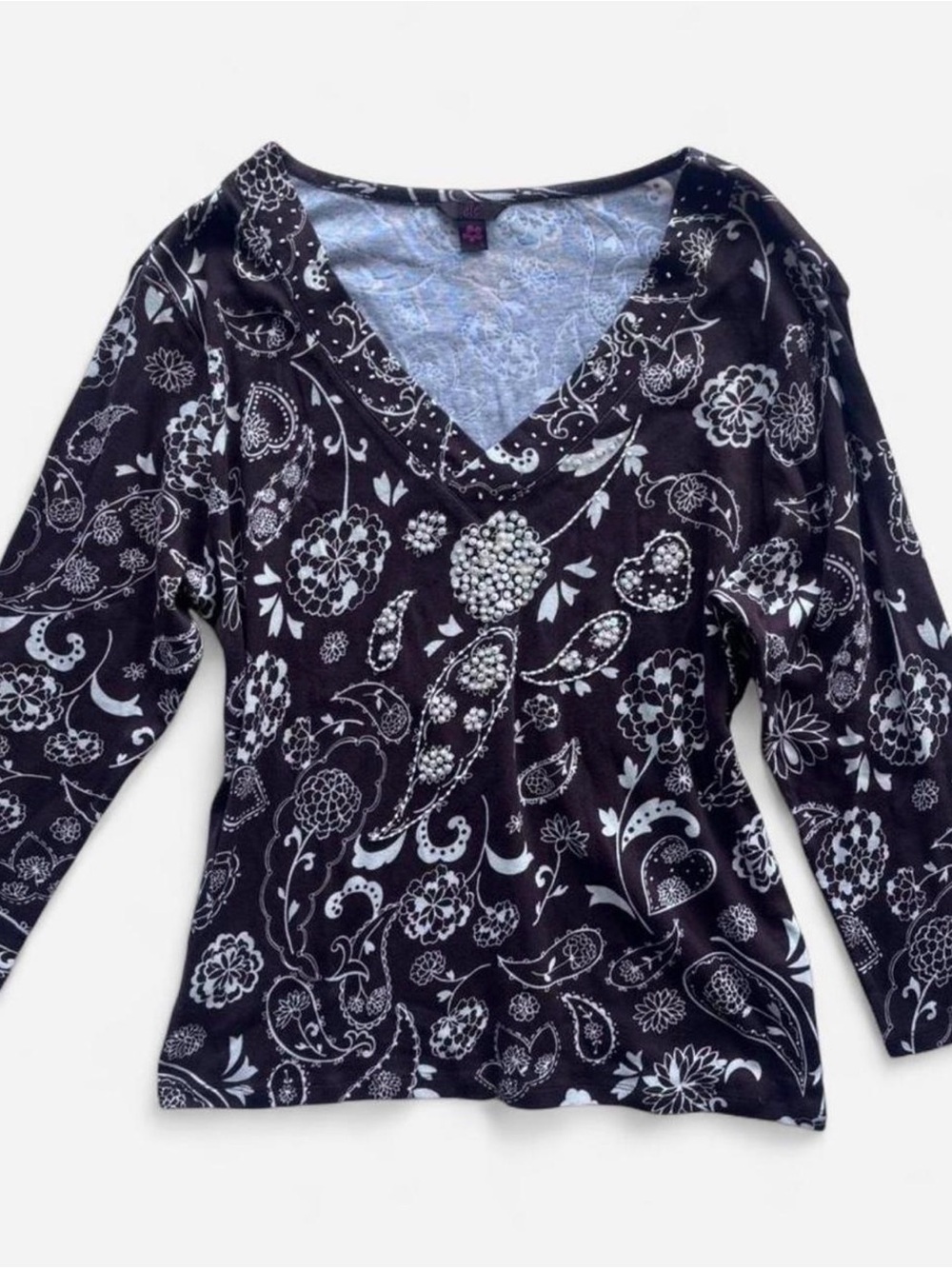Y2K Brown Whimsical Paisley Embellished 3/4 Sleeve V-Neck Beaded Top Sz Lg